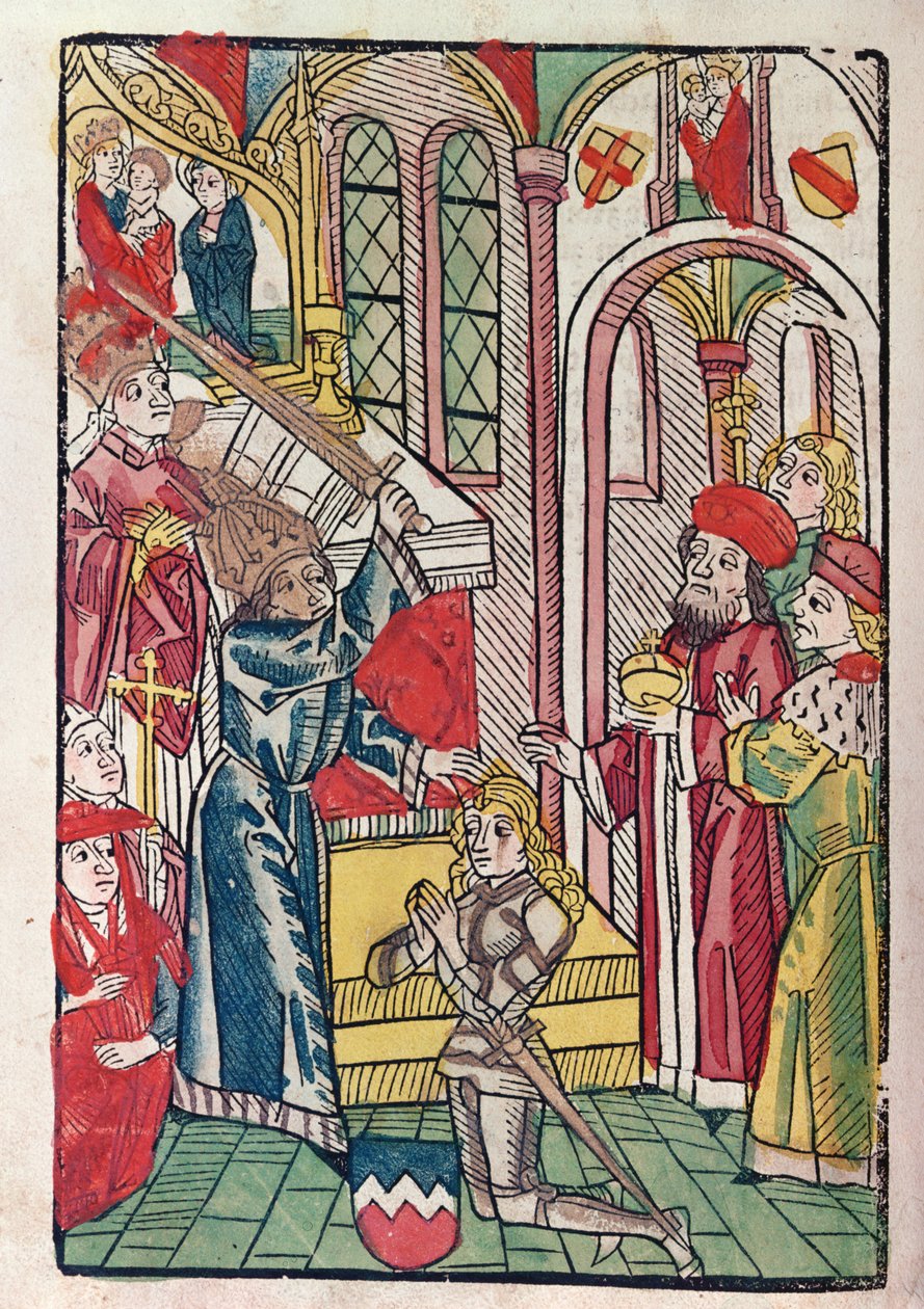 Luxemburgin keisari Sigismund (1367-1437) kutsuu ritariksi (värillinen puupiirros) tekijältä German School