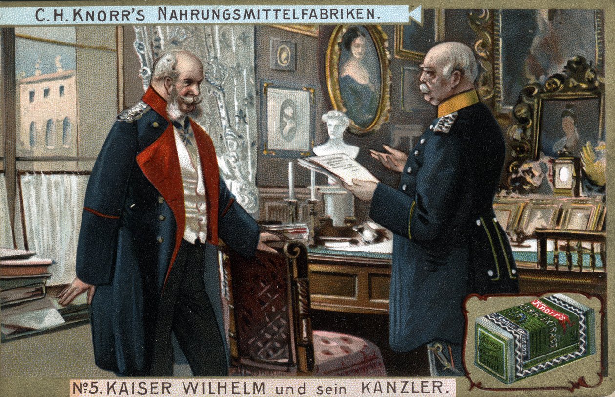 Saksan ja Preussin keisari William I (1797-1888) ja liittokansleri Otto von Bismarck (1815-1898) keskustelevat poliittisista asioista. Kromolitografia, 1800-luvun loppu. tekijältä German School