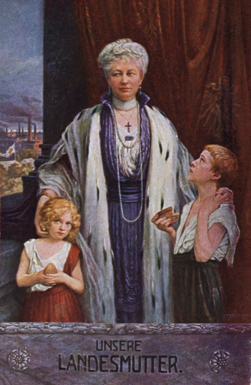Saksan keisarinna Augusta Victoria, kansakunnan äiti (värilitografia) tekijältä German School