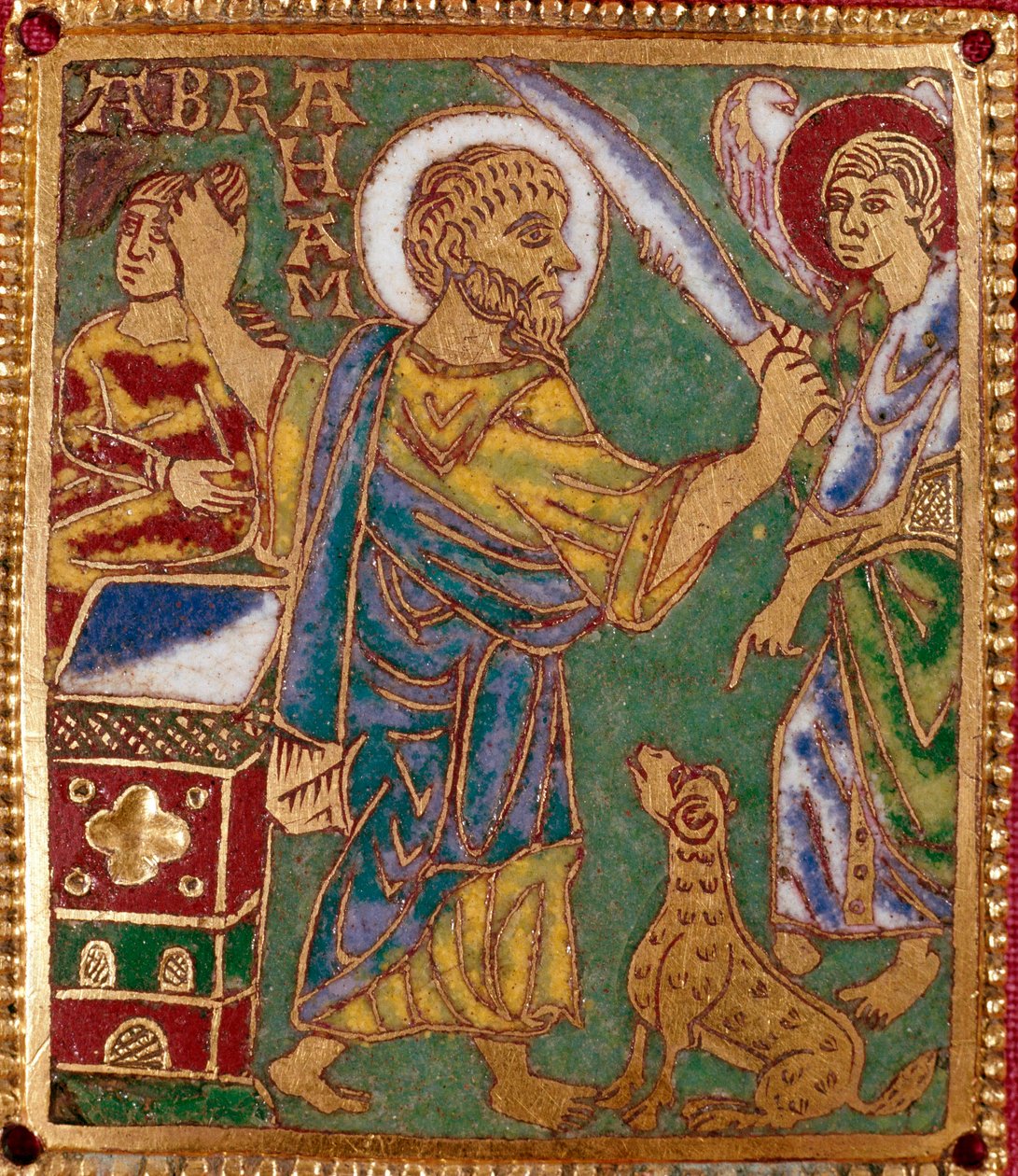 Emalilevy, joka edustaa profeetta Abrahamia ja Iisakin uhria. Rhenanen koulu. 12. vuosisadalla. Firenze, Nazionale Museo del Bargello tekijältä German School
