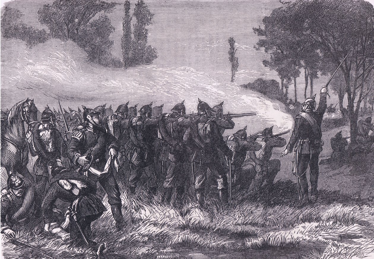 Kohtaus metsässä ennen Metziä, Cassells History of the War of the France ja Saksa, julkaisija Cassell and Company Limited, n. 1890 (litho) tekijältä German School