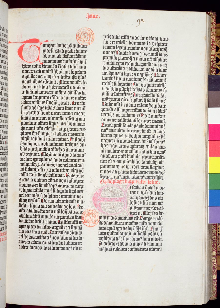 Pentateukin loppu ja Joosuan kirjan alku, Gutenbergin Raamatusta, painat Johannes Gutenberg (n. 1400-1468) ja Peter Schoeffer (1425-1502) Mainzissa, 1454-56 (painettu paperi) tekijältä German School