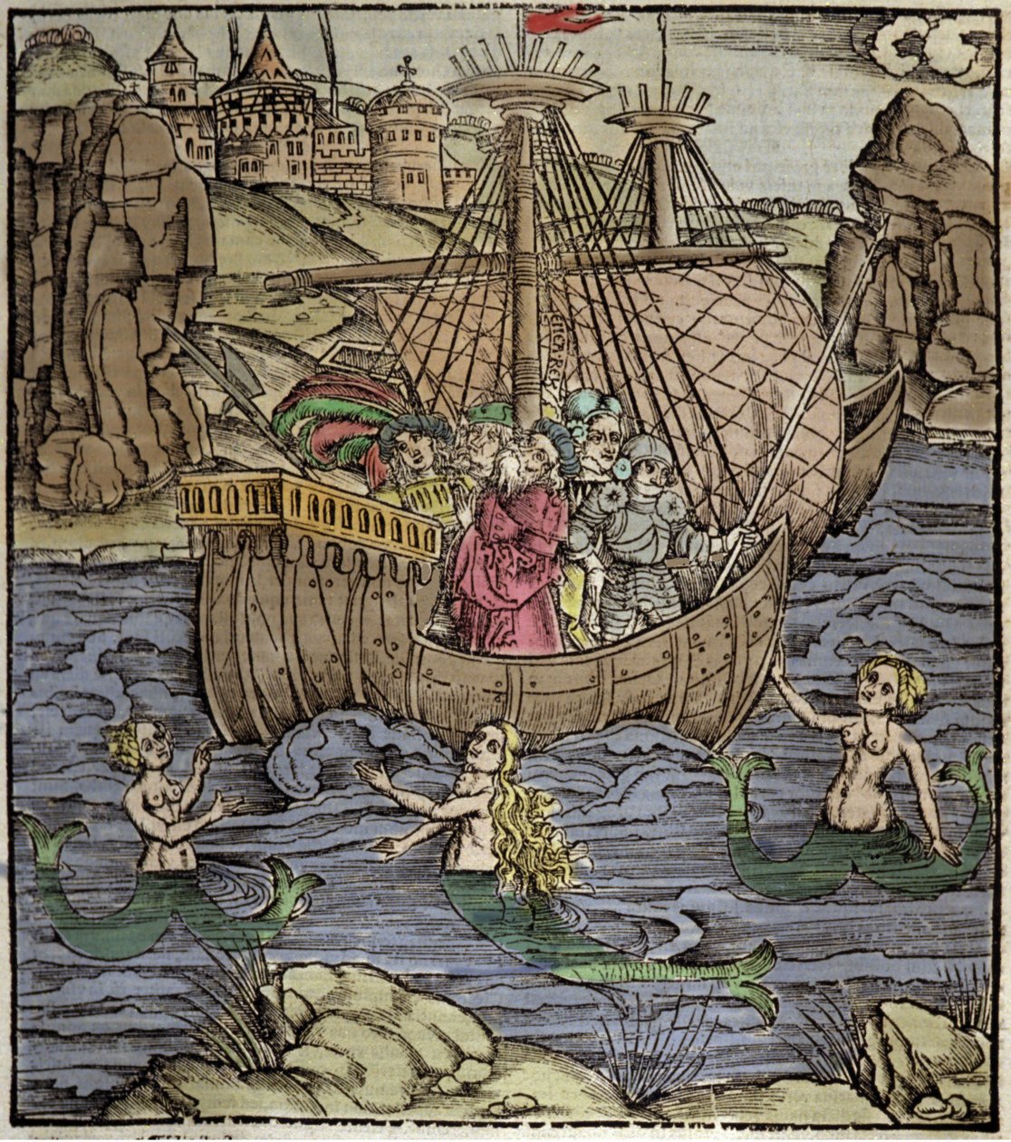 Eneide de Virgil (70 eKr.-19 eKr.), Troijan sankari Enee ja hänen toverinsa ylittävät meren, joka on täynnä sireeniä. Ksylografia Sebastian Brant (1458-1521). Strasbourg tekijältä German School