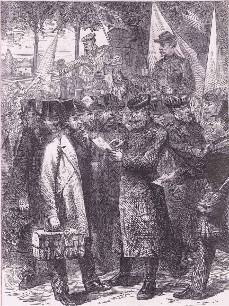Englannin asukkaat lähtevät Pariisista, Cassells History of the War välillä Ranskan ja Saksan julkaisija Cassell and Company Limited, n. 1890 (litho) tekijältä German School