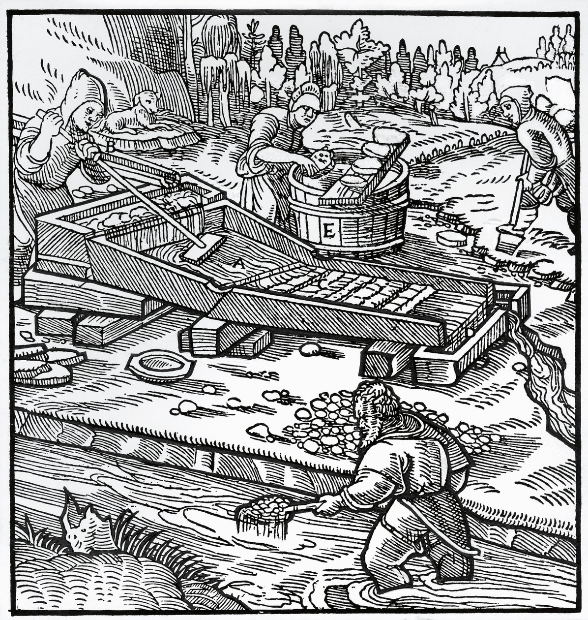 Kaiverrus De re metallicasta (Metallien luonteesta), Georg Pawer tai Georgius Agricola (1494-1555) tekijältä German School