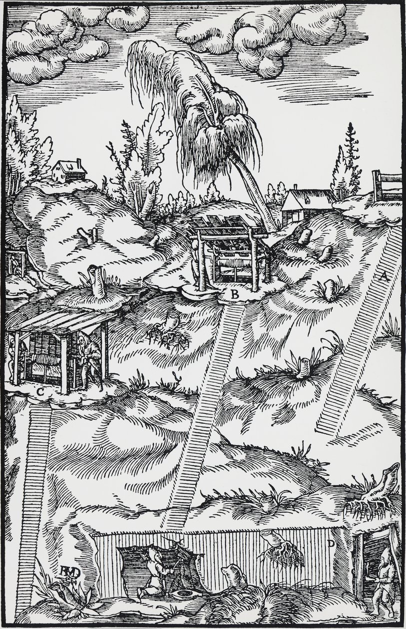 Kaiverrus De re metallicasta (Metallien luonteesta), Georg Pawer tai Georgius Agricola (1494-1555), julkaistu Baselissa tekijältä German School