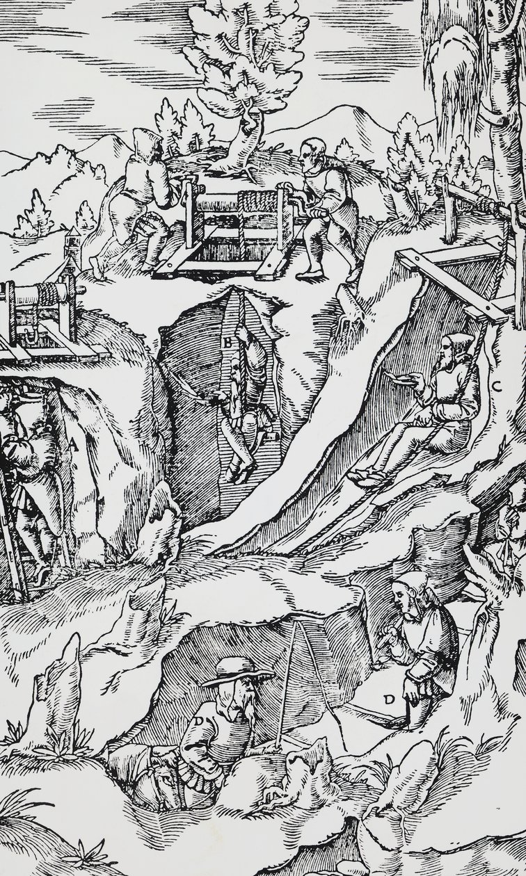 Kaiverrus De re metallicasta (Metallien luonteesta), Georg Pawer tai Georgius Agricola (1494-1555), julkaistu Baselissa tekijältä German School