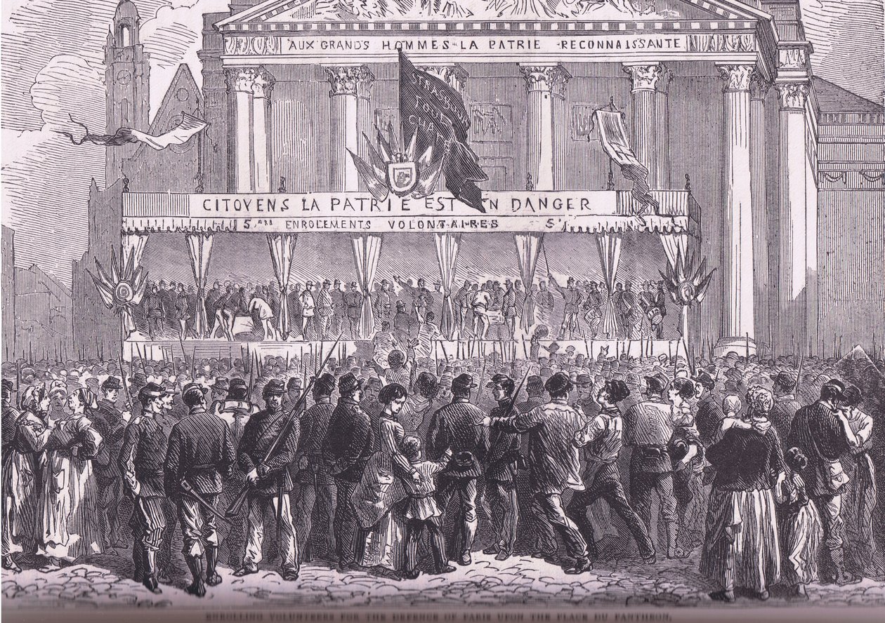 Vapaaehtoisten ilmoittautuminen Pariisin puolustamiseen, Cassells History of the War of the France ja Saksa, julkaisija Cassell and Company Limited, n. 1890 (litho) tekijältä German School