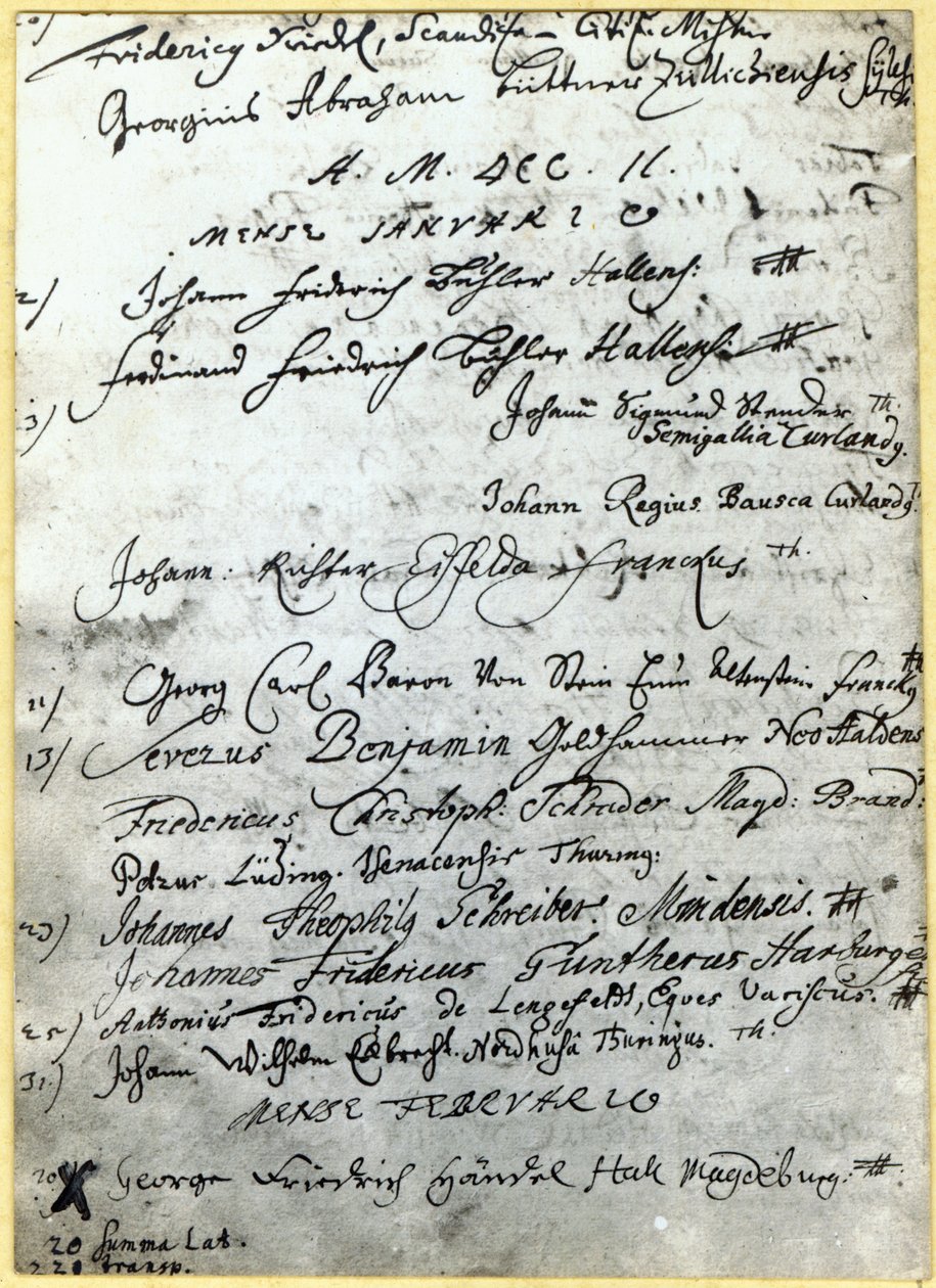 Merkintä Hallen yliopiston asiakirjoihin, jossa Händelin nimi, 1702 tekijältä German School