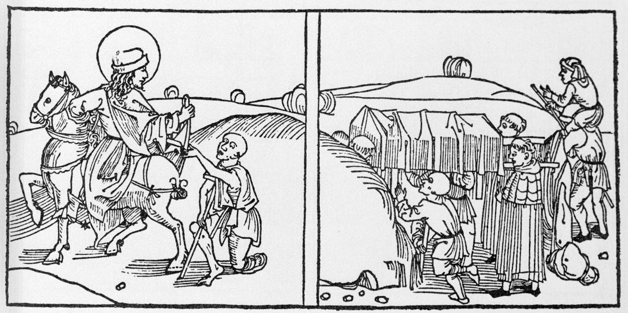 Episodit St. Martinin elämästä. Kaiverrus "Leben der Heiligen - sommerteil" (pyhimysten kirja), jonka on kirjoittanut Jacobus (James) Voragine (1228-1298). Lyypekki 1488. tekijältä German School