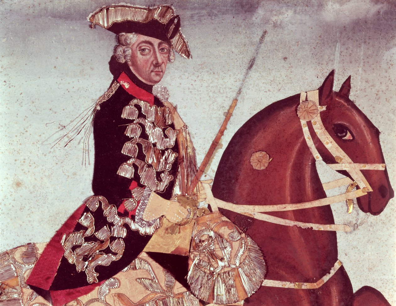 Preussin kuninkaan Frederick Suuren (1712-86) ratsastusmuotokuva (wc ja kultalanka paperilla) tekijältä German School