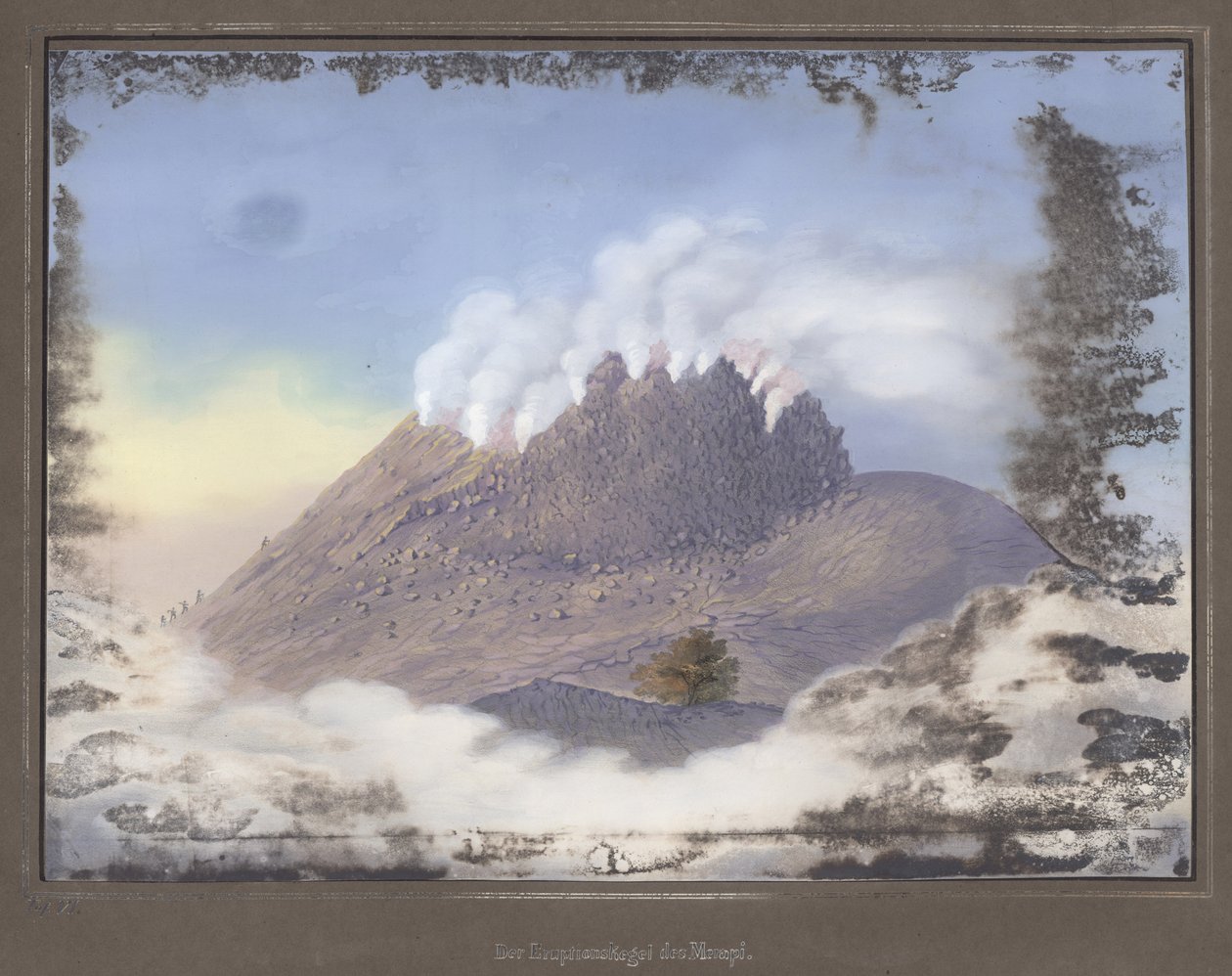 Purkaus Merapi-tulivuoressa, josta on näkymät kraatterin itäpäähän, marraskuu 1836, pl.VI Topografisesta ja tieteellisestä atlasesta matkalla Javan läpi, kirjoittanut Dr. rouva Junghuhn, Magdebu tekijältä German School