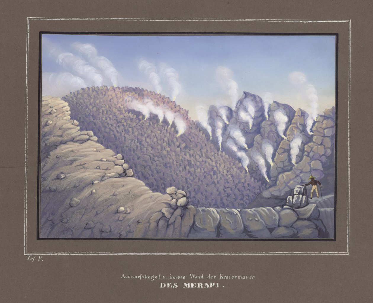 Merapi-tulivuoren purkaukset ja sisäseinä, Pl. V, Topografinen ja luonnontieteellinen atlas matkalla Jaavan halki, kirjoittanut Dr.Fr.Junghuhn, Magdeburg 1845 tekijältä German School