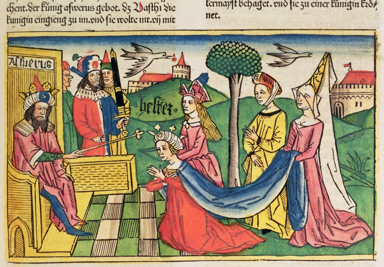 Ester 2 15-18, Persian kuningas Ahasverus on valinnut Esterin kuningattareksi Nürnbergin Raamatusta (Biblia Sacra Germanaica) (värillinen puupiirros) tekijältä German School