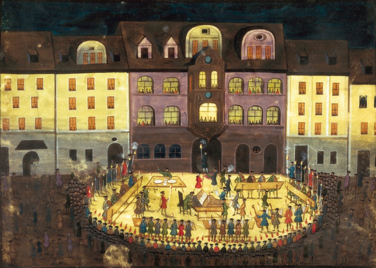 Iltamusiikkia Hamburg Musical Collegessa, n. 1740 (öljy kankaalle) tekijältä German School