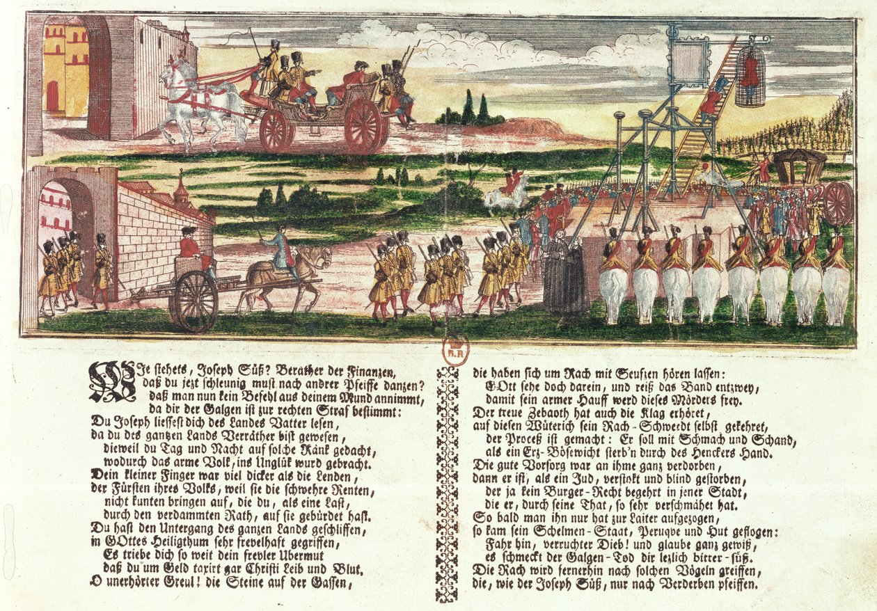 Joseph Süss Oppenheimerin teloitus vuonna 1738 (värillinen puupiirros) tekijältä German School