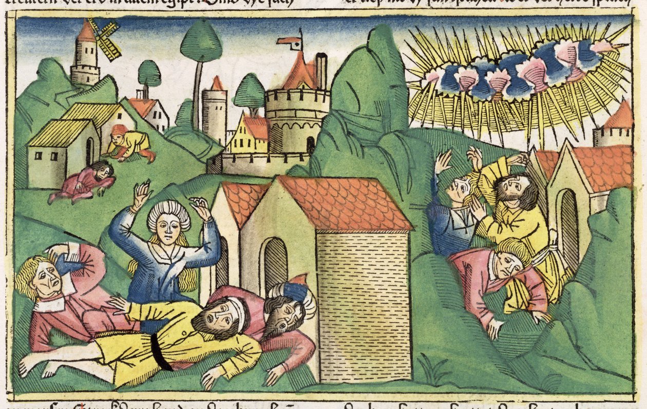 Mooseksen kirja 11 1-10 Egyptin seitsemän vitsausta: vanhimpien poikien kuolema, Nürnbergin Raamatusta (Biblia Sacra Germanaica) (värillinen puupiirros) tekijältä German School
