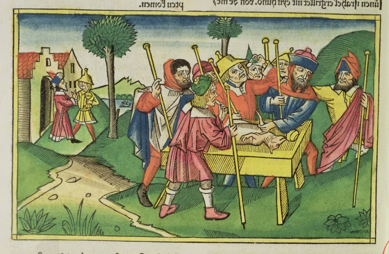 Exodus 12 Ensimmäinen pääsiäinen, Nürnbergin Raamatusta (Biblia Sacra Germanaica) (värillinen puupiirros) tekijältä German School