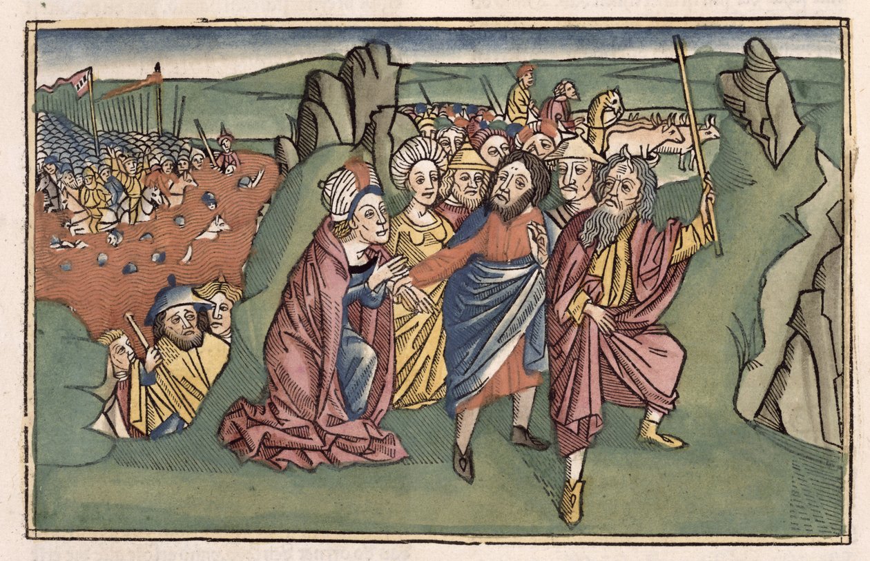 Exodus 14 Mooses ja israelilaiset ylittämässä Punaista merta, Nürnbergin Raamatusta (Biblia Sacra Germanaica) (värillinen puupiirros) tekijältä German School