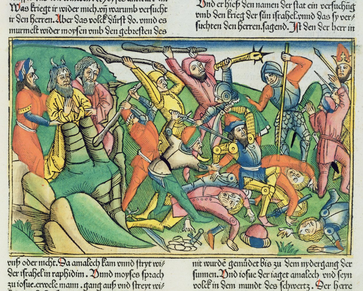 Mooseksen kirja 17 8-15 Aaron ja Hur tukevat Mooseksen käsiä varmistaakseen israelilaisten voiton amalekilaisista Nürnbergin Raamatusta (Biblia Sacra Germanaica) (värillinen puupiirros) tekijältä German School