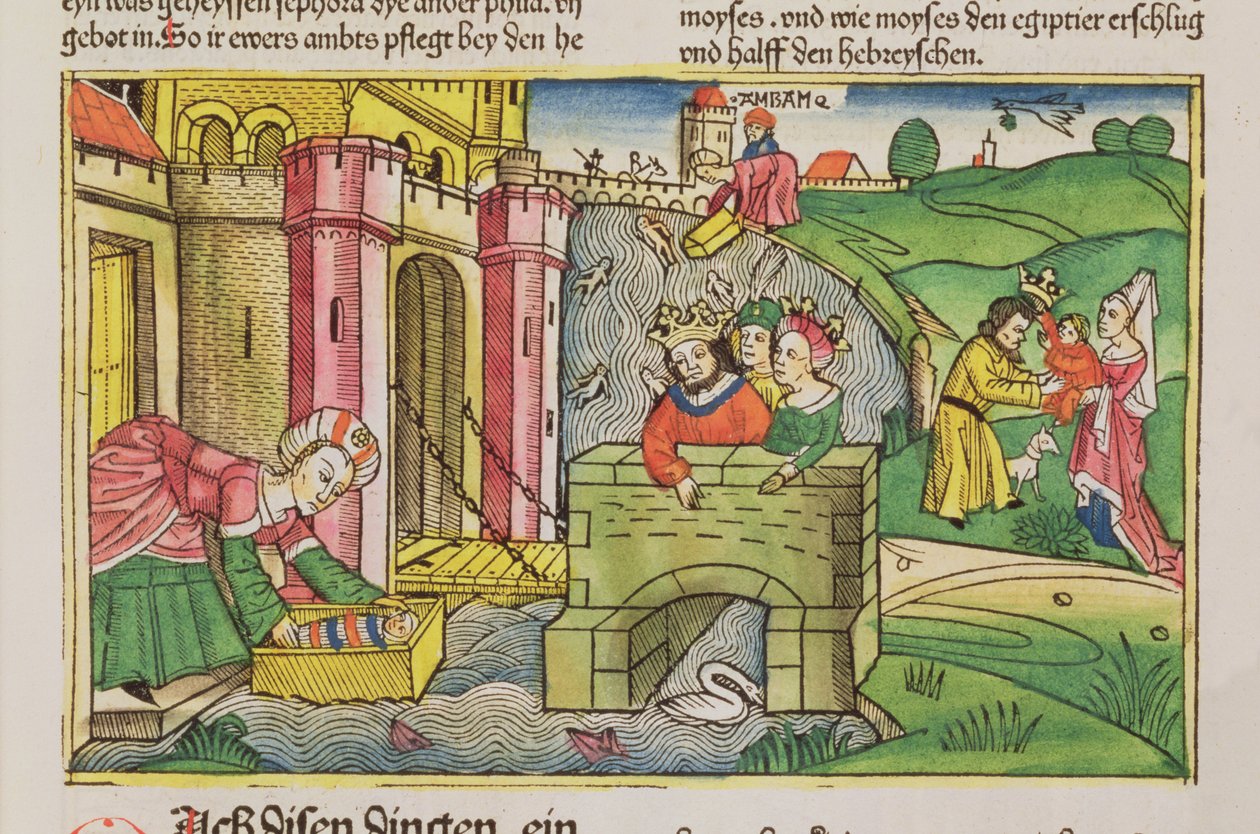 Exodus 2 1-6 Mooses kellutettiin alas Niiliä ja yksi faraon vaimoista löysi Nürnbergin Raamatusta (Biblia Sacra Germanaica) (värillinen puupiirros) tekijältä German School