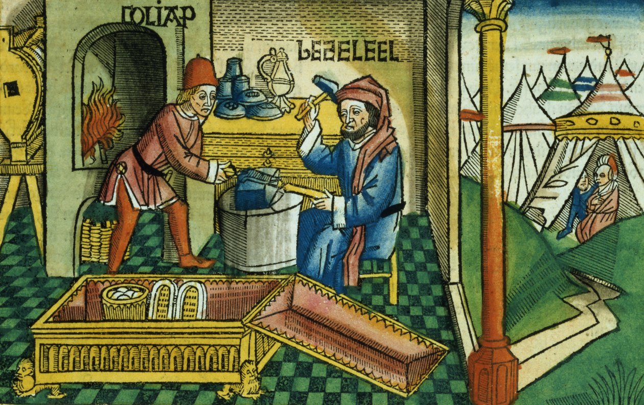 Mooseksen kirja 31 2-8 Besalel ja Oholiab liitonarkin tekeminen, Nürnbergin Raamatusta (Biblia Sacra Germanaica) (värillinen puupiirros) tekijältä German School