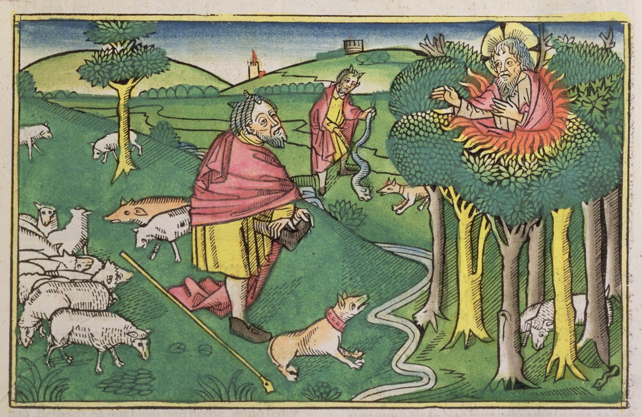 2. Mooseksen kirja 3 1-22 Palava pensas ja 2. Moos. 4 1-4 Jumala aseistaa Moosesta ihmeellisen sauvan, Nürnbergin Raamatusta (Biblia Sacra Germanaica) (värillinen puupiirros) tekijältä German School