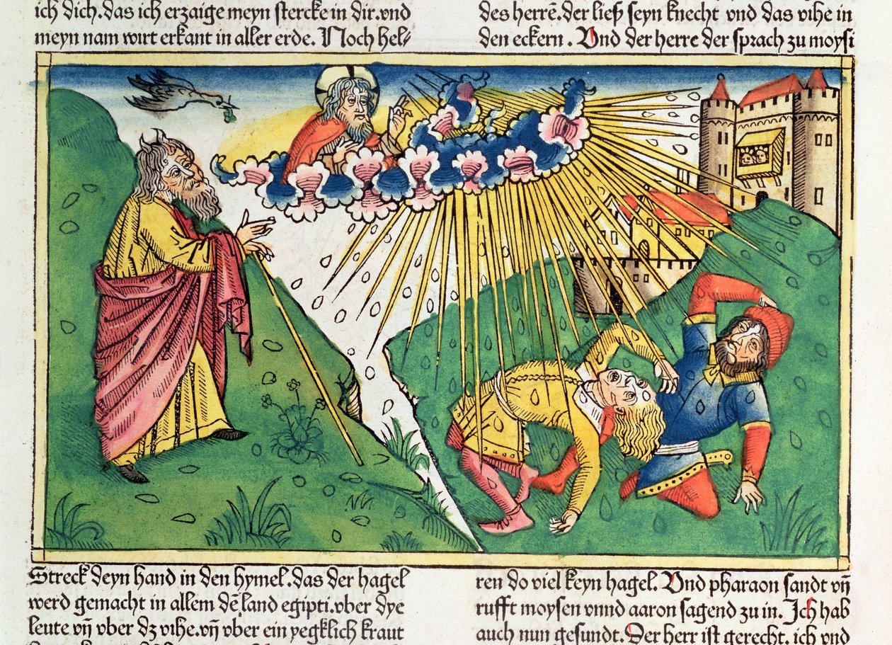 2. Moos. 9 13-35 Egyptin seitsemän vitsausta: Mooses ja rakeiden ja salaman vitsaus, Nürnbergin Raamatusta (Biblia Sacra Germanaica) (värillinen puupiirros) tekijältä German School