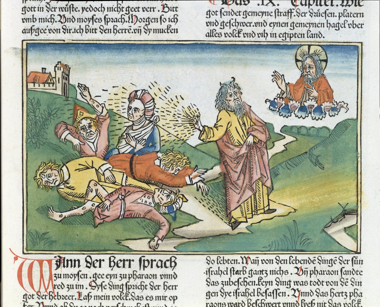 2. Moos. 9 8-12 Egyptin seitsemän vitsausta: Mooses ja paisujen rutto, Nürnbergin Raamatusta (Biblia Sacra Germanaica) (värillinen puupiirros) tekijältä German School