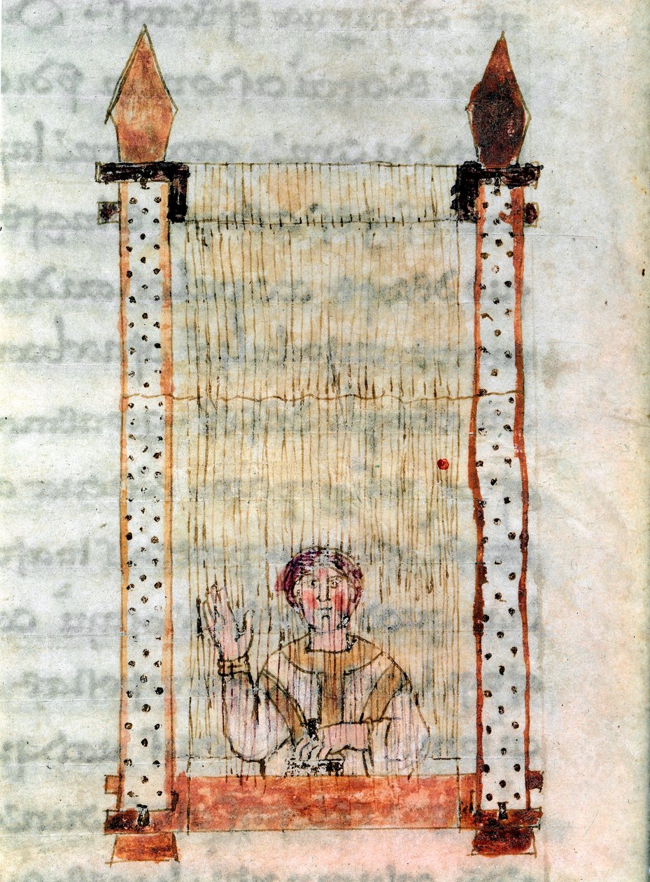 Kangastyöt. Kutomo. Miniatyyri otettu Rabanus Maurus Magnentiuksen (tai Raban Maurin tai Raban Mauron, n. 780-856) käsikirjoituksesta "" De Universo" tai "" De rerum naturis "" (Asioiden luonteesta). 9. vuosisadalla. Mount Cassino Abbeyn arkisto (Mo tekijältä German School