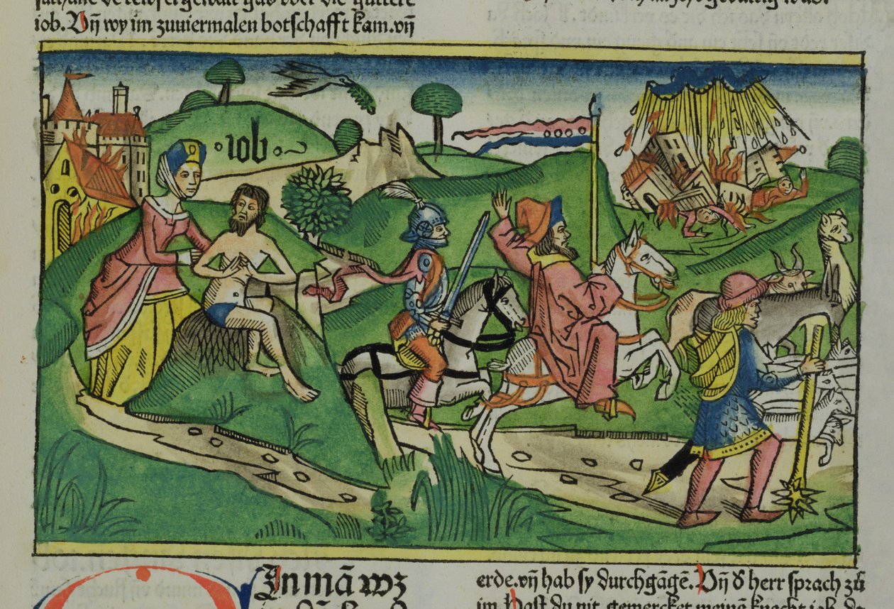 Faksikopio Job: Frontispiece, Jobia moitti vaimonsa, hänen talonsa ja perheensä tuhoutuivat hurrikaanissa ja hänen karjansa varastettiin, Nürnbergin Raamatusta (Biblia Sacra Germanaica) (värillinen) tekijältä German School