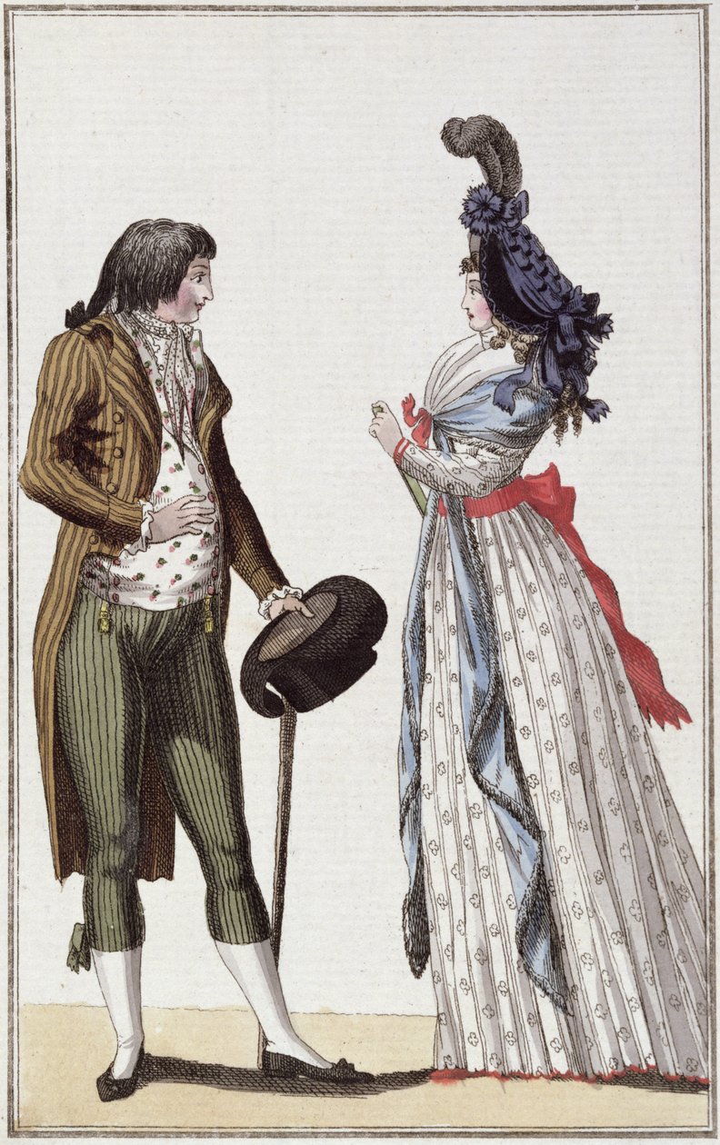 Directoire-kauden (1795-99) muodikas pariskunta (värikaiverrus) tekijältä German School