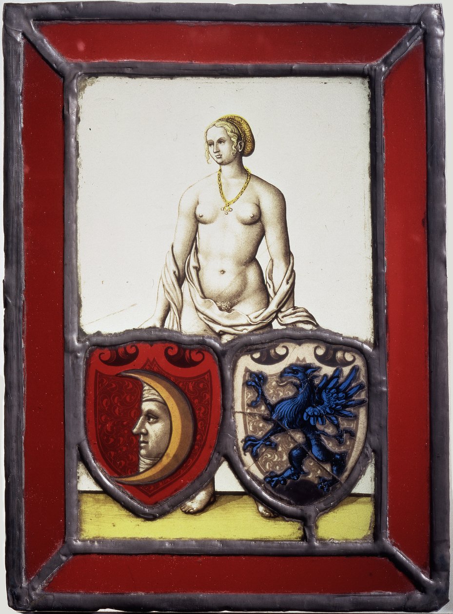 Naisellinen alaston, joka tukee kahta heraldista kilpeä, n.1535 (ruukkumetallia, hiottua ja kirkasta lasia, keltaista tahraa ja mustaa lasimaalia). tekijältä German School