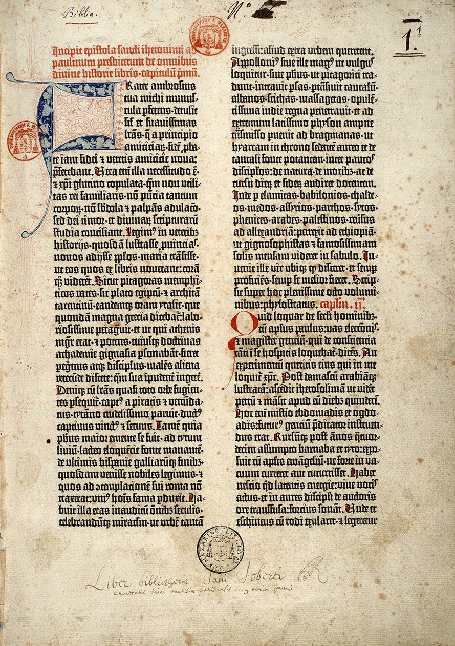 Gutenbergin latinankielisen Raamatun ensimmäinen sivu (vulgate) valmistettu Mainzissa 1452 - 1454. Pyhän Hieronymuksen epitrin alku pappi Paulinille, joka käsittelee kaikkia Pyhän Raamatun kirjoja. tekijältä German School