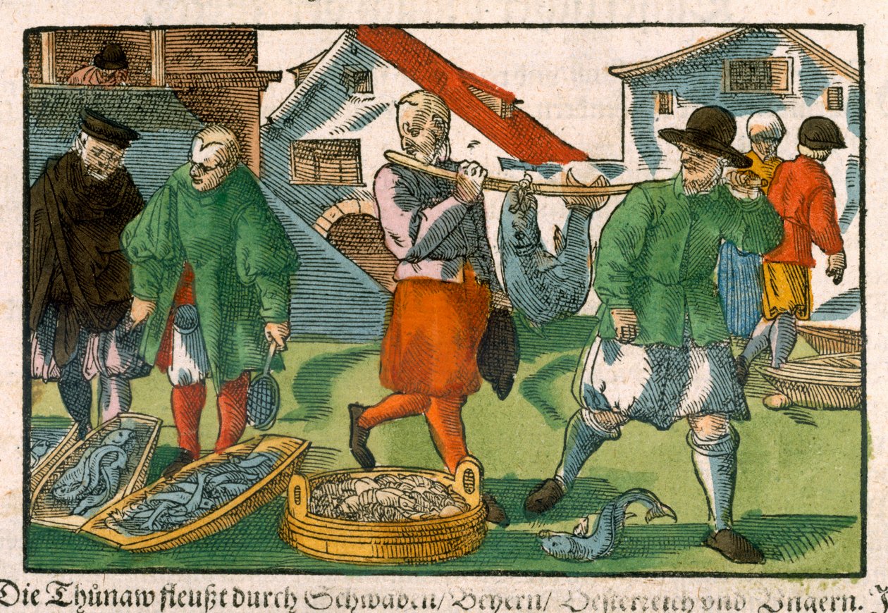 Fishmarket, saksalaisesta käsikirjoituksesta, n. 1650 (käsinvärinen puupiirros) tekijältä German School