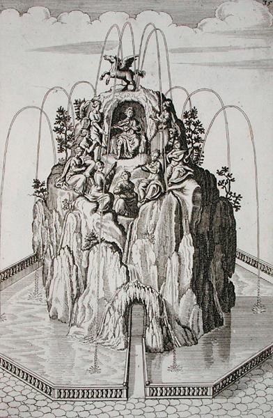 Suihkulähdesuunnittelu, "Architectura Curiosa Nova", Georg Andreas Bockler (1617-85), julkaistu 1704 (kaiverrus) tekijältä German School
