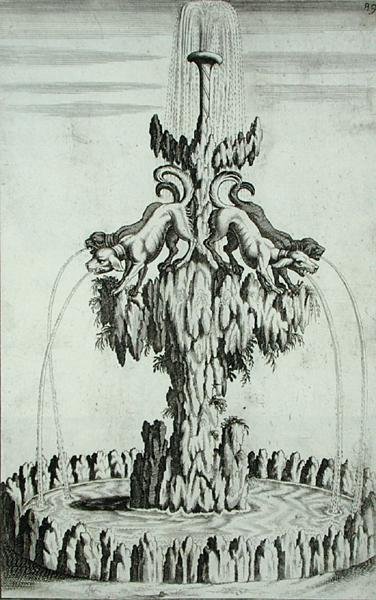 Suihkulähde koirineen, Georg Andreas Bocklerin (1617-85) "Architectura Curiosa Nova", julkaistu 1704 (kaiverrus). tekijältä German School