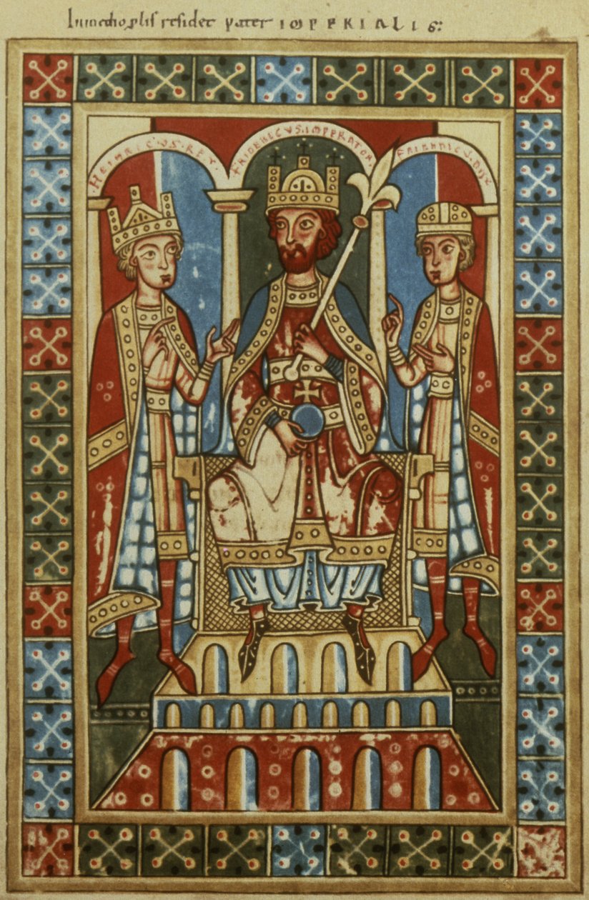 Frederick I kahden poikansa, kuningas Henrik VI:n ja herttua Frederickin kanssa, n. 1180 tekijältä German School