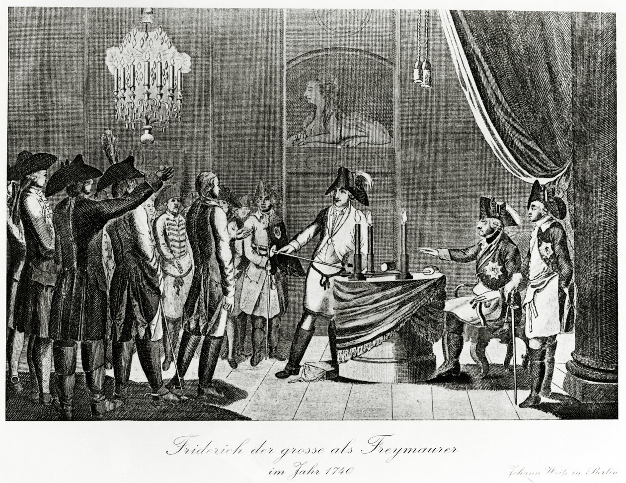 Frederick Suuri vastaanottaa lankonsa Frederickin, Brandenburg-Bayreuthin markkrahvin vapaamuurariksi Berliinissä vuonna 1740 tekijältä German School