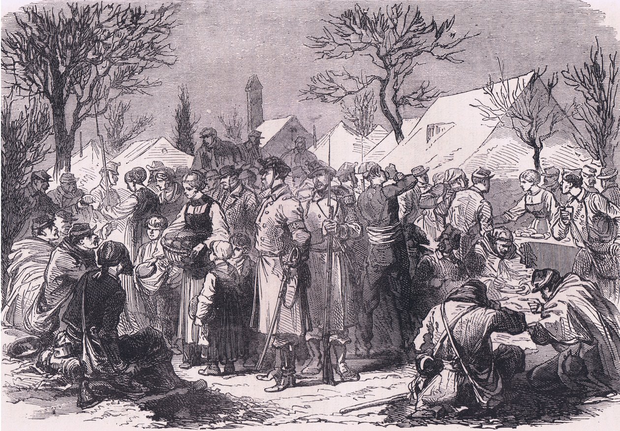 Ranskalaiset pakolaiset sotilaat Sveitsissä, Cassells, Ranskan ja Saksan välisen sodan historia, julkaisija Cassell and Company Limited, n. 1890 (litho) tekijältä German School