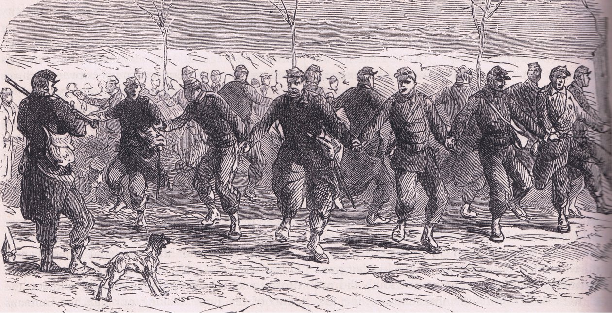 Ranskalaiset sotilaat tanssivat leirillä, Cassells History of the War välillä Ranskan ja Saksan välillä, julkaisija Cassell and Company Limited, n. 1890 (litho) tekijältä German School