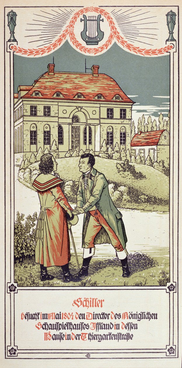 Friedrich von Schiller (1759-1805) vierailee Theatre Royalin johtajan luona Berliinissä toukokuussa 1804, 1906 tekijältä German School