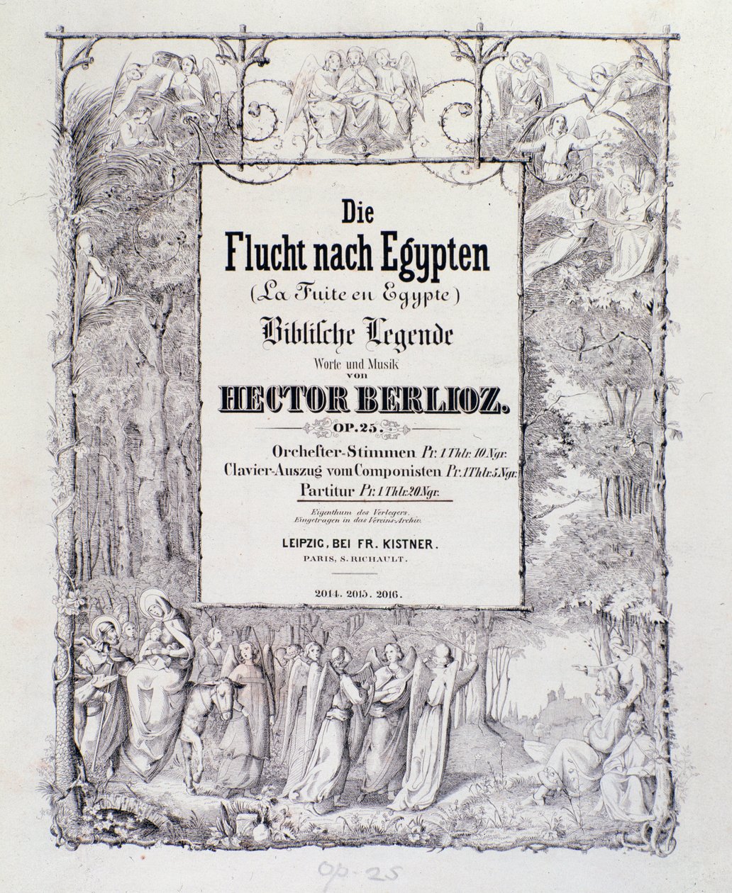 Ranskalaisen romanttisen säveltäjän Hector Berliozin alkusoitto saksalaisen painoksen "" Lento Egyptiin, opus 25"" -partituurin etukappale tekijältä German School
