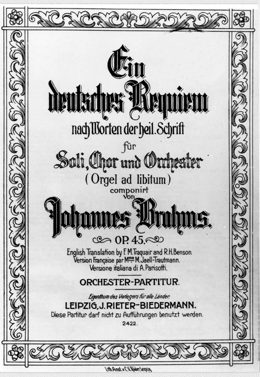 Johannes Brahmsin (1833 - 1897) saksalaisen requiemin etukappale (litho) tekijältä German School