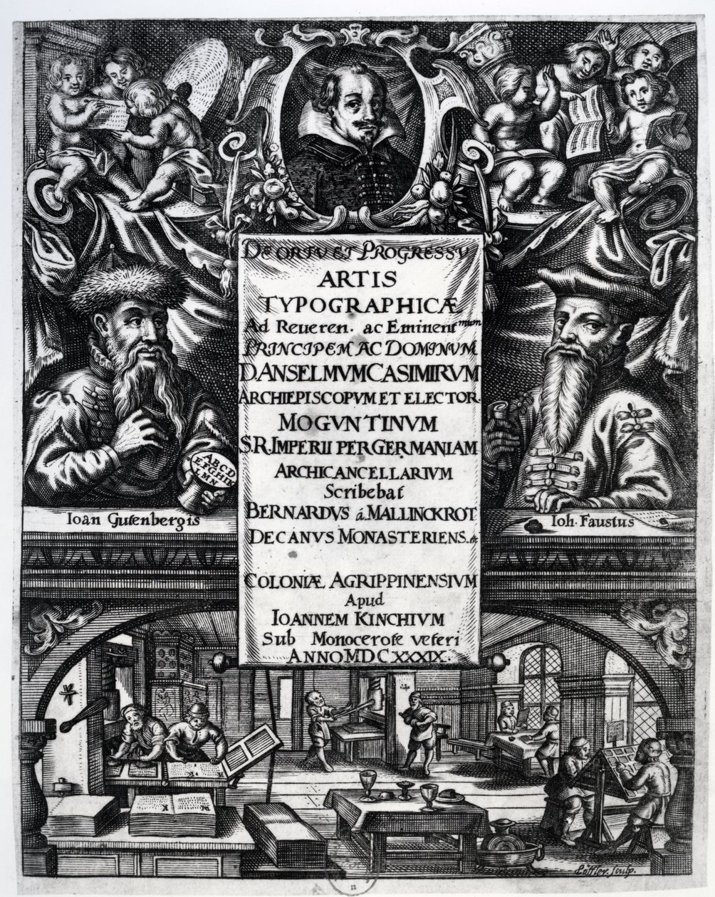 Bernardus Mallinckrodtin teoksen "Typografian alkuperästä ja historiasta" etukuva, 1634. tekijältä German School