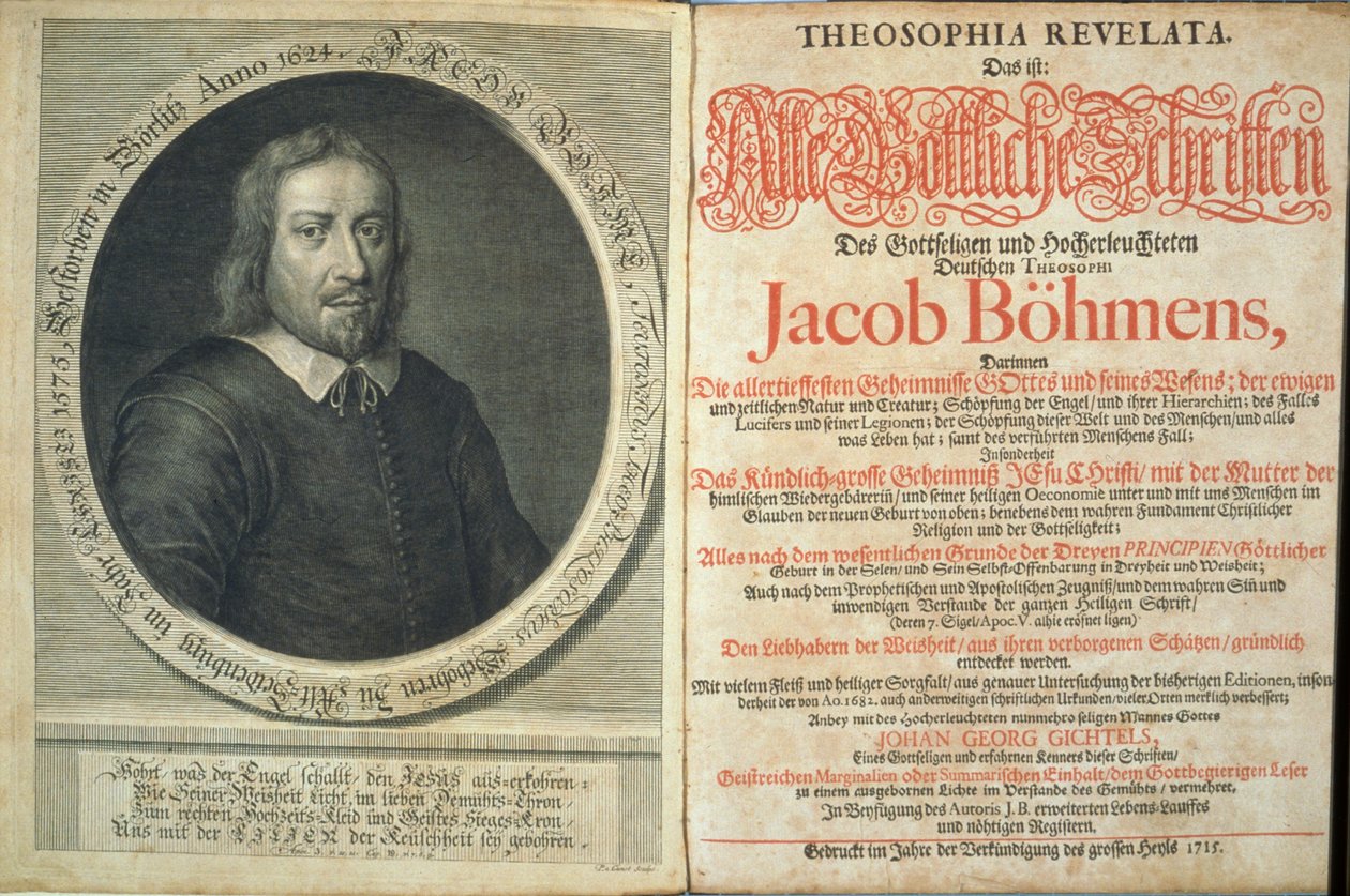 Jacob Boehmen Theosophia Revelatan etukappale, 1715 (paino ja kaiverrus) tekijältä German School