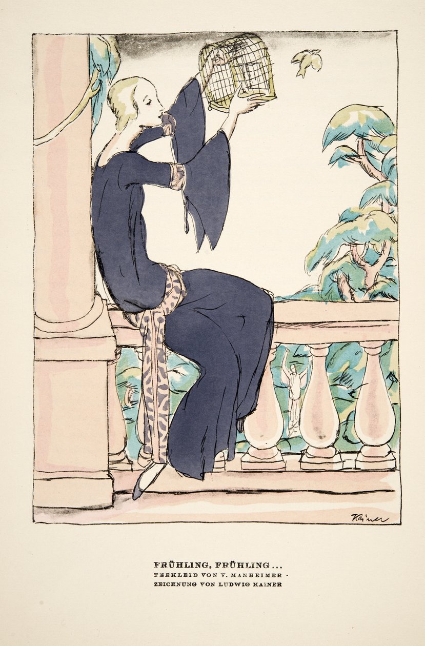 "Frühling, Frühling", V. Manheimerin teepuvun mainos, julkaisusta Styl, pub.1922 (pochoir-painatus). tekijältä German School