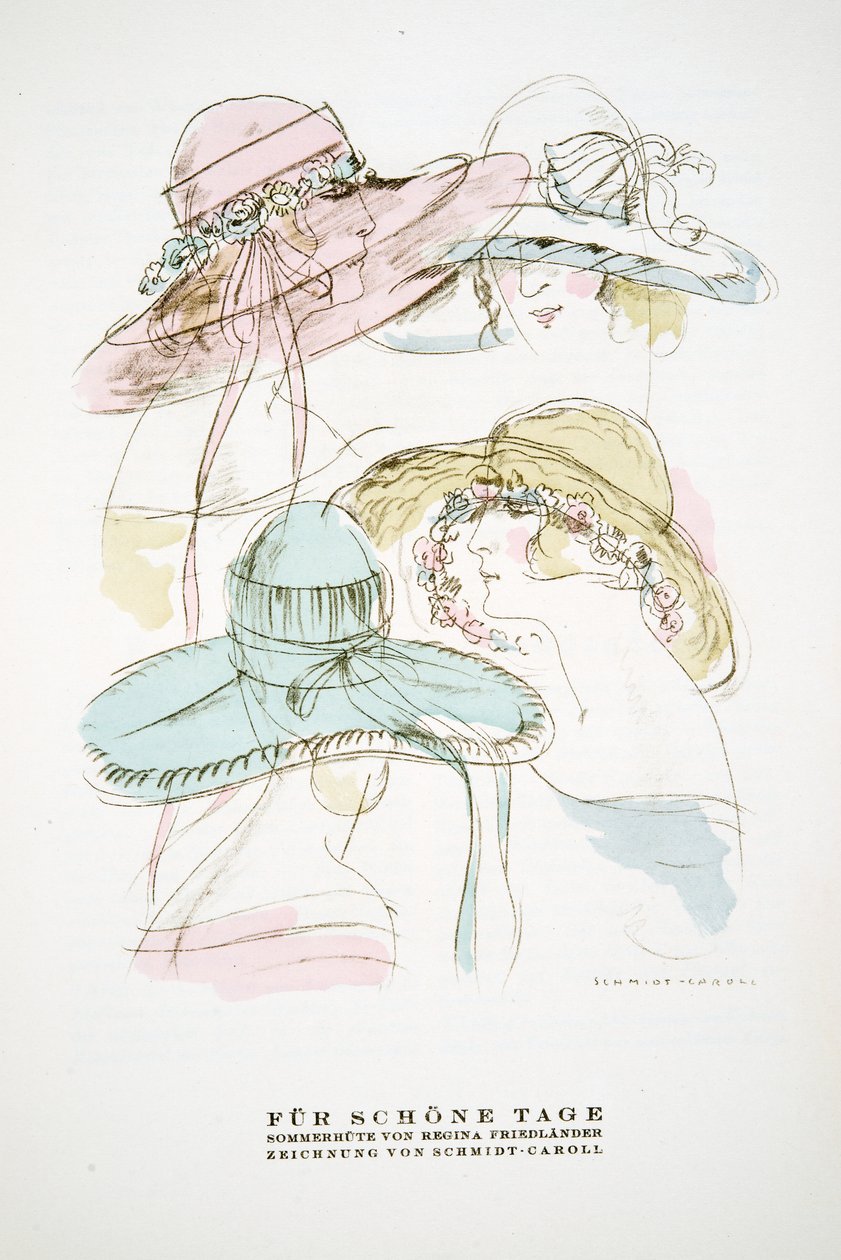 "Fur Schone Tage", Regina Friedlanderin kesähattujen mainos, julkaisusta Styl, pub.1922 (pokkaripainatus). tekijältä German School