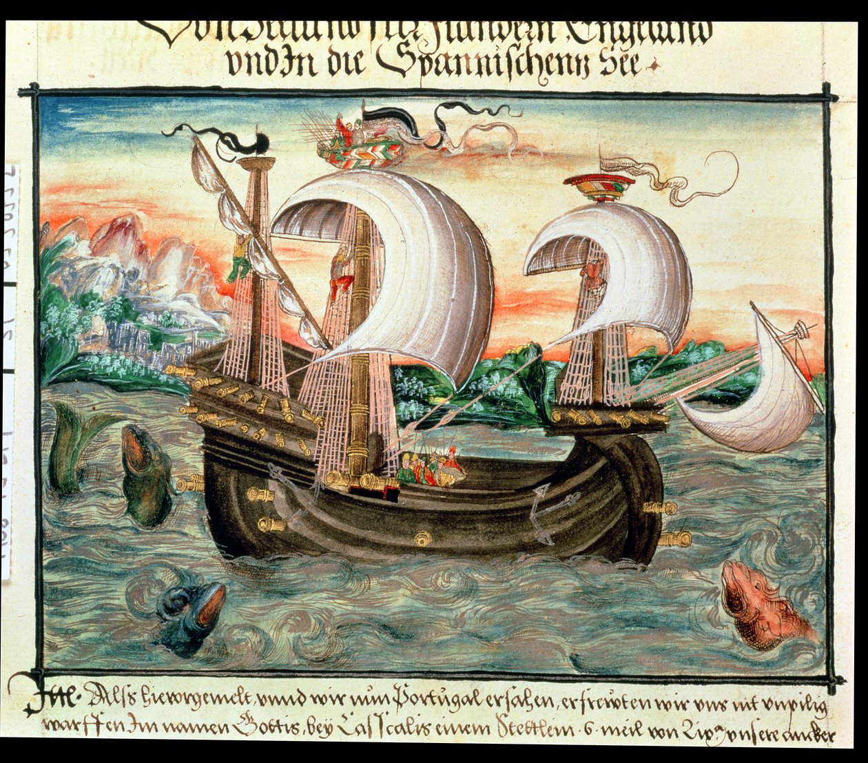 Galleon täydessä purjeessa matkalla Portugaliin, kuvana Nürnbergin Color (tai Keller) perhe (vellum) tekijältä German School