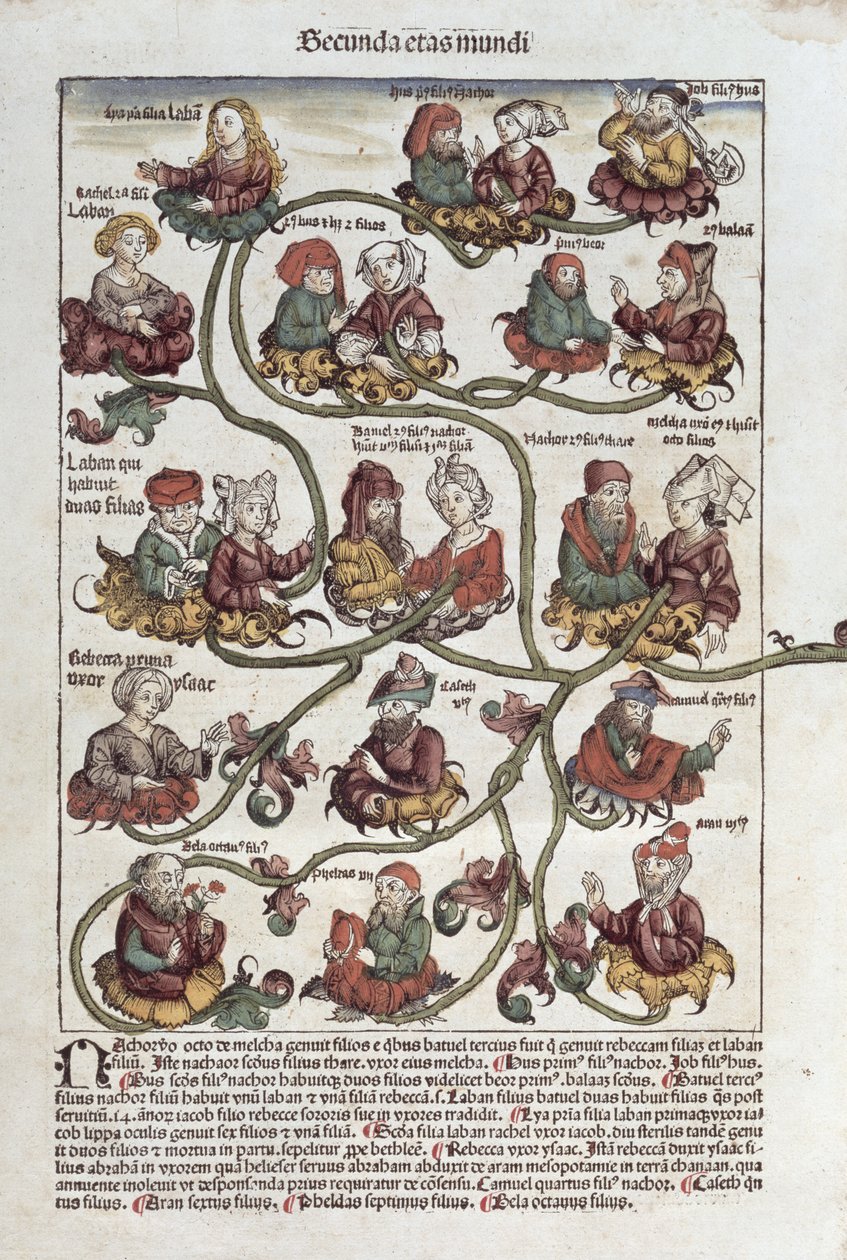 Labanin sukupuu, Hartmann Schedelin (1440-1514) teoksesta "Liber Chronicarum" 1493 (värillinen puupiirros) tekijältä German School